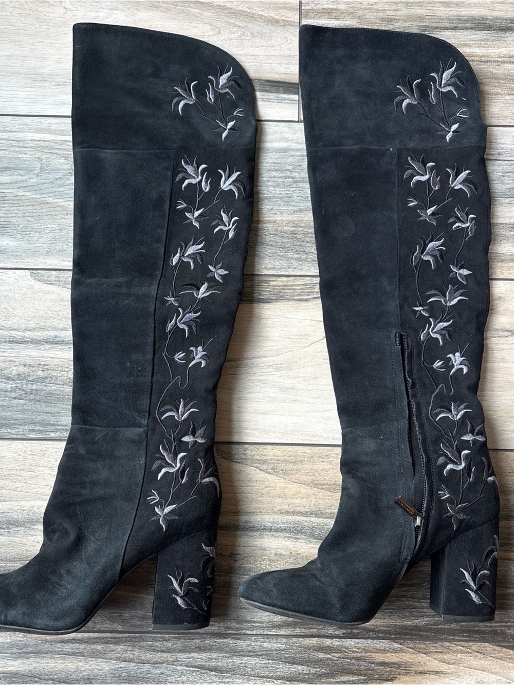 Kenneth Cole Black Over-the-Knee Suede Boots with Gray Floral Embroidery